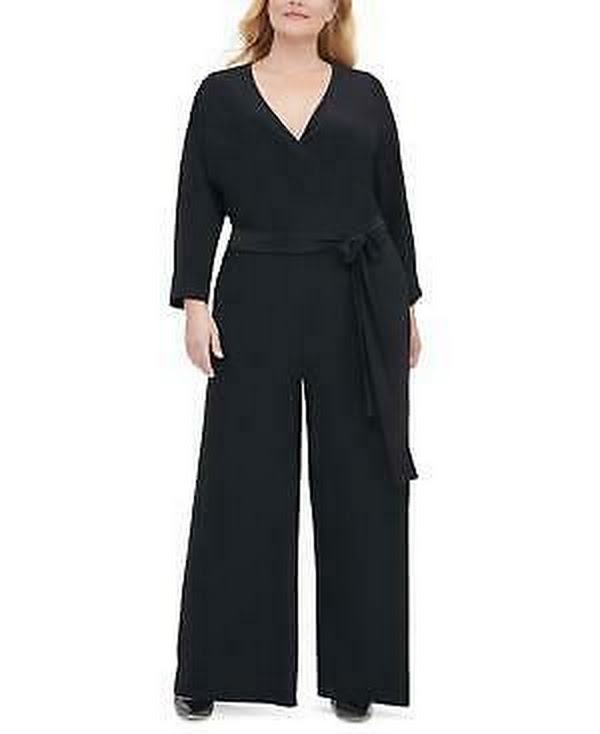 Tommy Hilfiger Womens Black Belted Zippered Wrap Wide Leg Jumpsuit/Size 16W by Vanessa Jane
