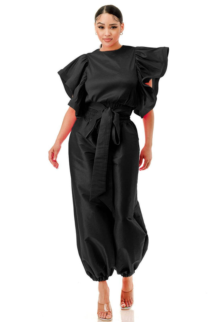 Waist Tie Ruffle Short Sleeve Elastic Waistband Top & Pants Set **Great Stretch** by The House of Stylez