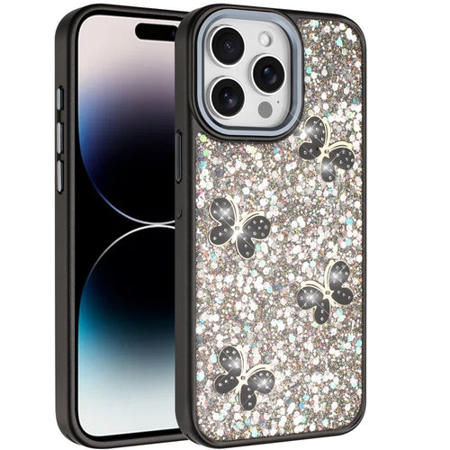 Full Glitter Flakes Case with Cute Butterflies for iPhone 14 Pro Max 6.7-Inch by Merch Section