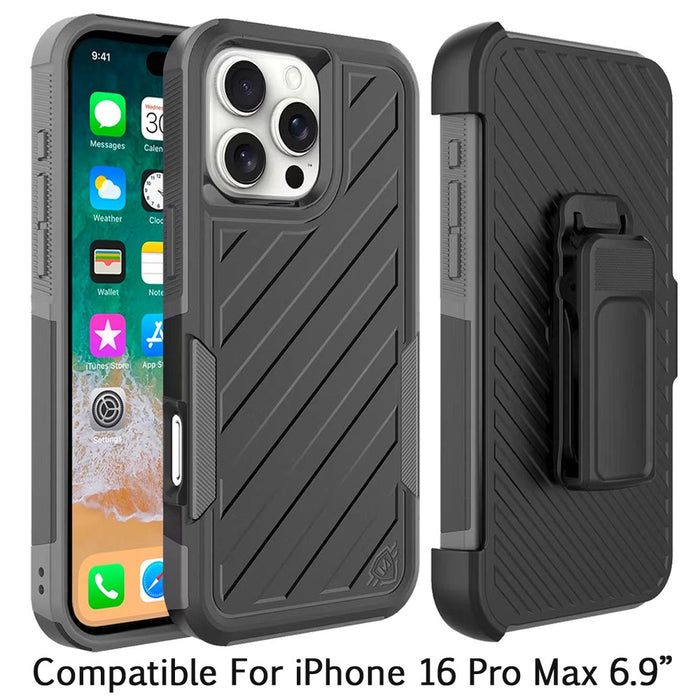 Heavy-Duty Holster Case with Tempered Glass for iPhone 16 Pro Max 6.9-Inch Black by Merch Section