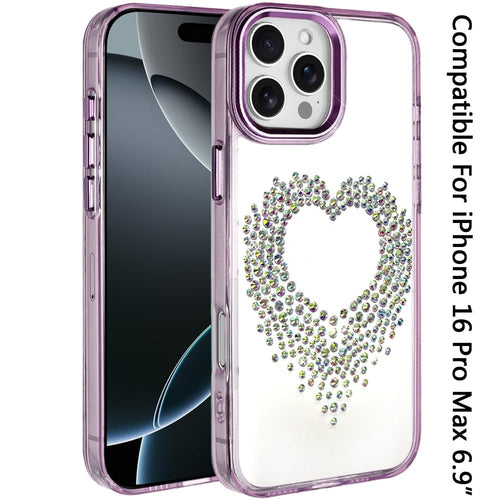 Heart Shaped Rhinestones Clear Case for iPhone 16 Pro Max with Tempered Glass by Merch Section