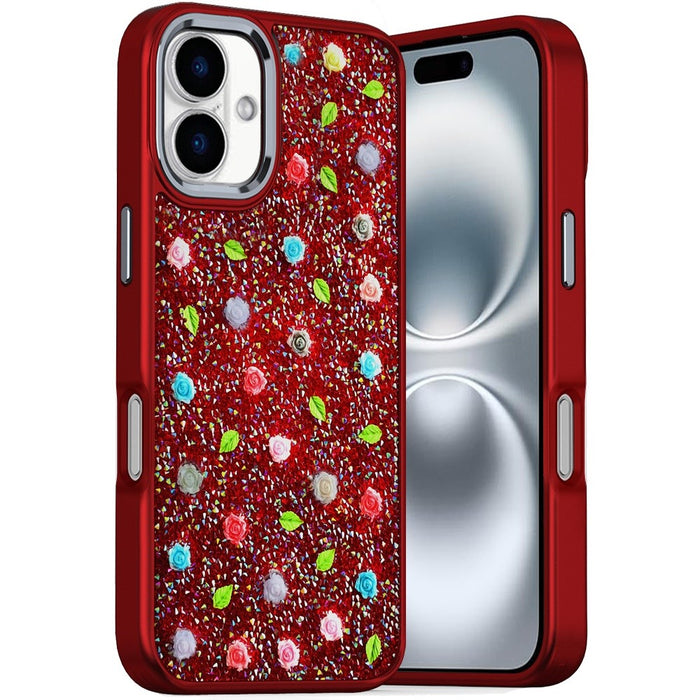 Bling Diamond Tiny Roses Glitter Case for iPhone 16 6.1" with Tempered Glass Purple by Merch Section