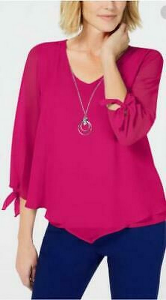Jm Collection Women's Chiffon Tie-Cuff Top Berry Haze, Size PP by Vanessa Jane