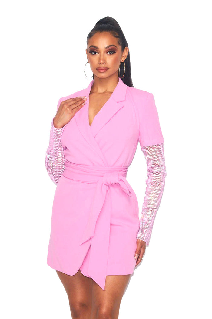 Belted Rhinestone Sleeve Sports Blazer Jacket by The House of Stylez
