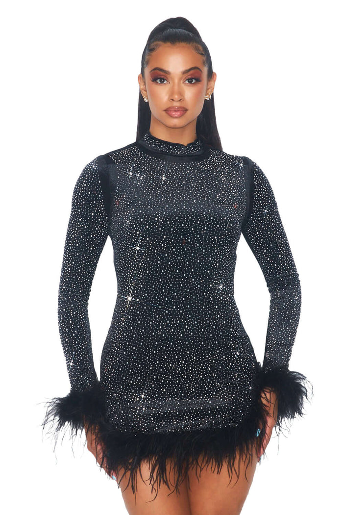 Rhinestone and Feather Velvet Mini Dress by The House of Stylez