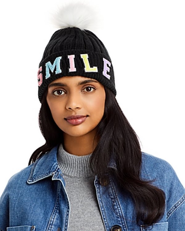 Aqua Pom-Pom Smile Knit Hat, Black, Os by Vanessa Jane