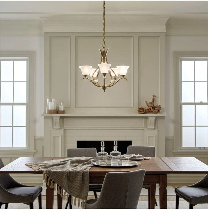 Kichler Dover 5 Light 24in Wide Chandelier with Etched Glass Shades by Vanessa Jane