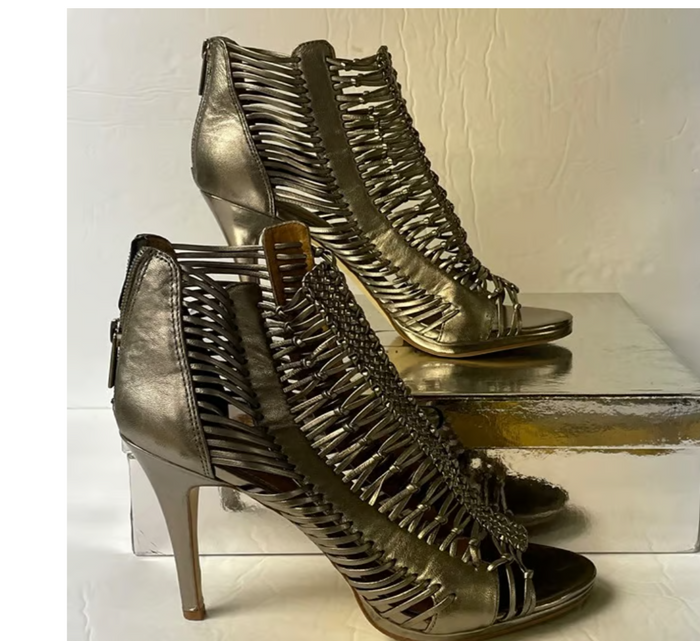 Kelsi Dagger Frayne Caged Leather Strappy Heels Silver Sz 8 by Vanessa Jane