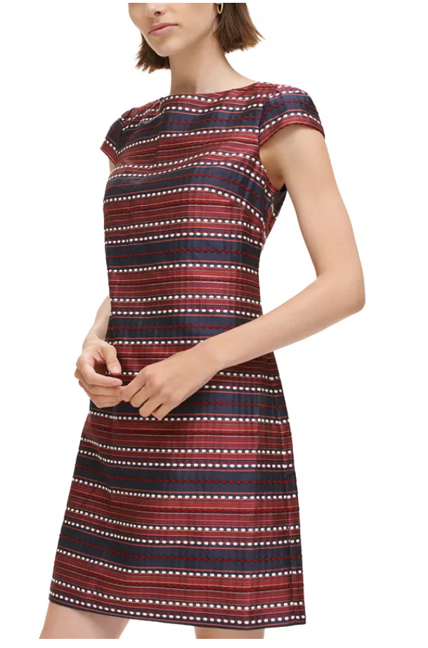 Vince Camuto Womens Jacquard Shift Dress with Cap Sleeves, Navy Blue, 8 by Vanessa Jane