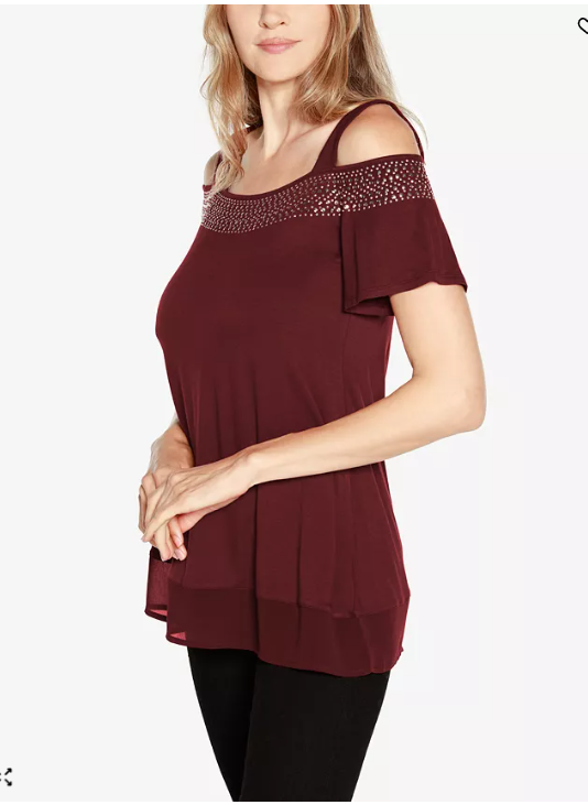 Belldini Womens Embellished Cold-Shoulder Top, Size XL by Vanessa Jane