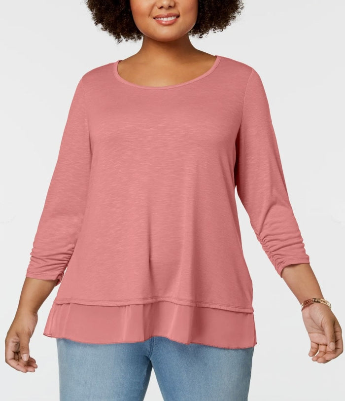 Style & Co Plus Size Chiffon-Hem Top, 1X, Peach Berry by Vanessa Jane