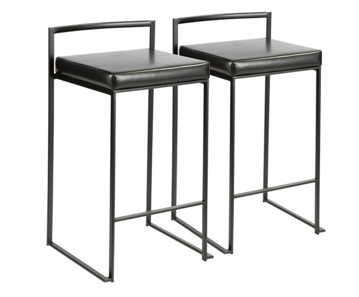 LumiSource Fuji Counter Stool Set of 2, Black Faux Leather Cushion, Black Frame by Vanessa Jane