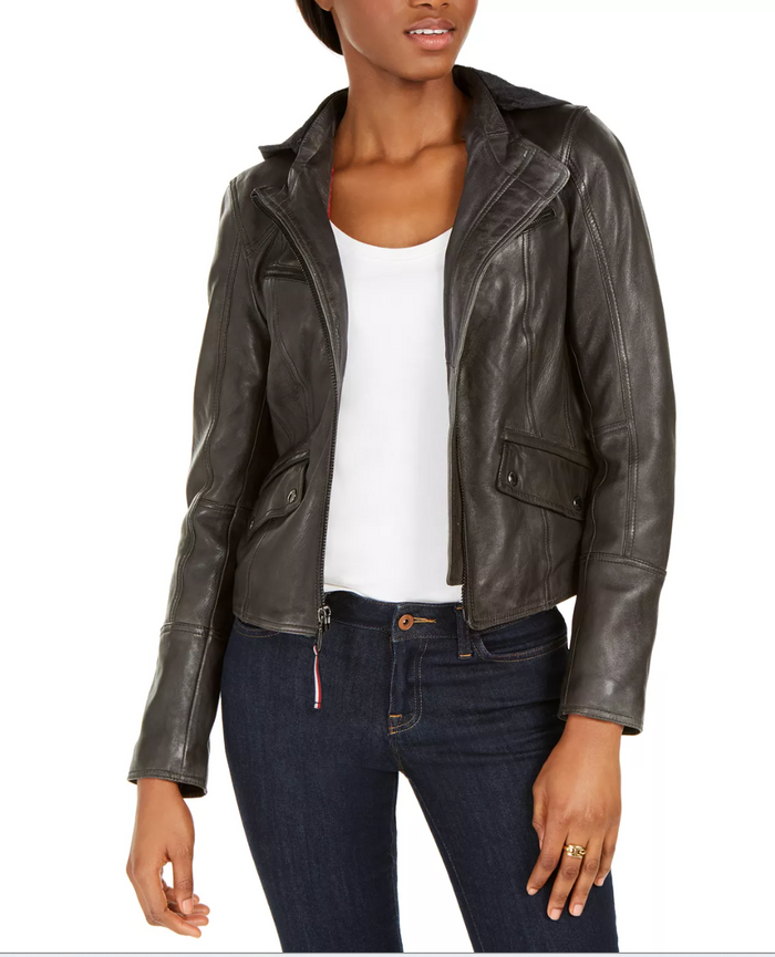 Tommy Hilfiger Leather Women's Zippered Pocketed Bomber Jacket by Vanessa Jane