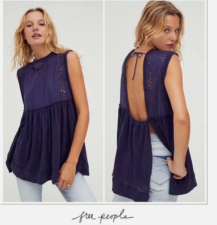 Free People Indigo Bella Babydoll Tank Top, Size Small by Vanessa Jane