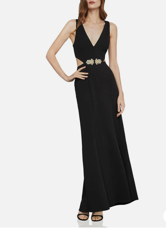 BCBG Max Azria Brooch-Trimmed Cutout Gown NNH6219752, Size 8/Black by Vanessa Jane