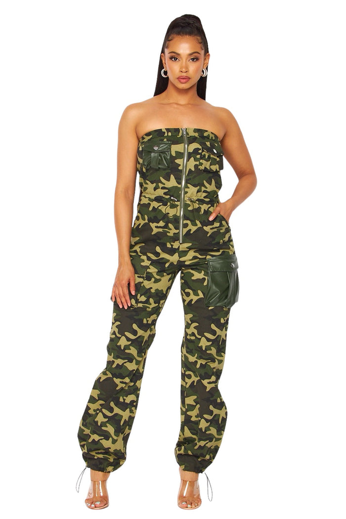 Strapless Camouflage with PU Pocket Cargo Jumpsuit by The House of Stylez