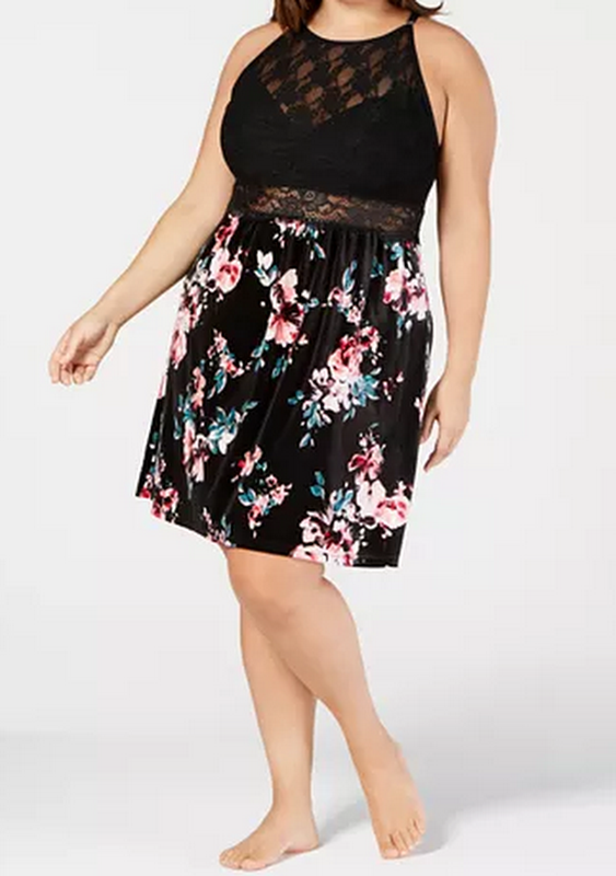 I.N.C. Plus Size Printed Velvet & Lace Chemise Nightgown by Vanessa Jane