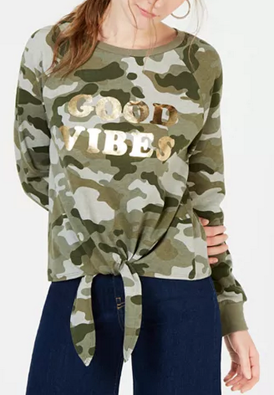 Rebellious One Juniors Good Vibes Tie-Front Sweatshirt by Vanessa Jane