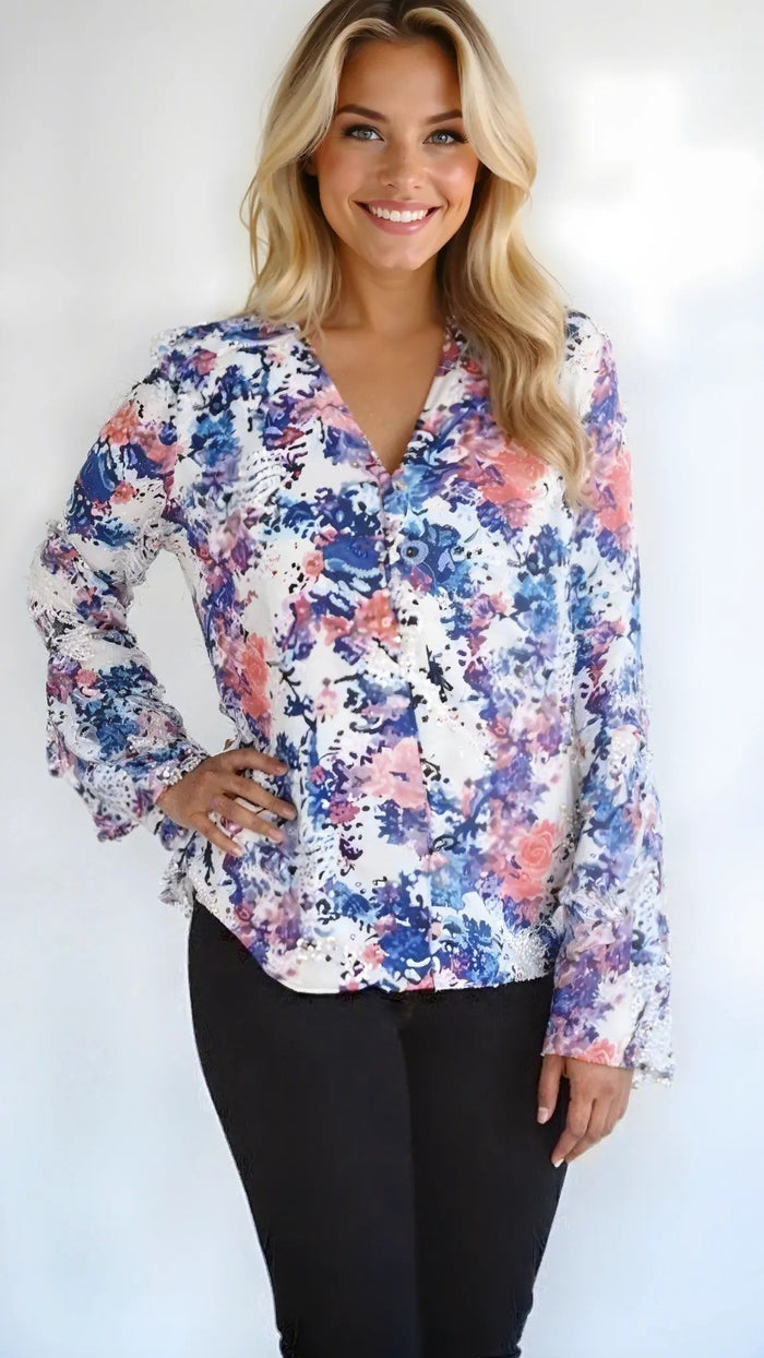 Tahari ASL Bell-Sleeve Georgette Blouse, XL Ivory Slate Coral by Vanessa Jane