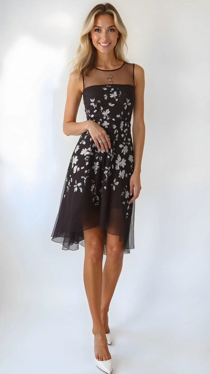 Tahari ASL Womens Hi-Low Illusion Neckline Embroidered Dress, Size 2 by Vanessa Jane