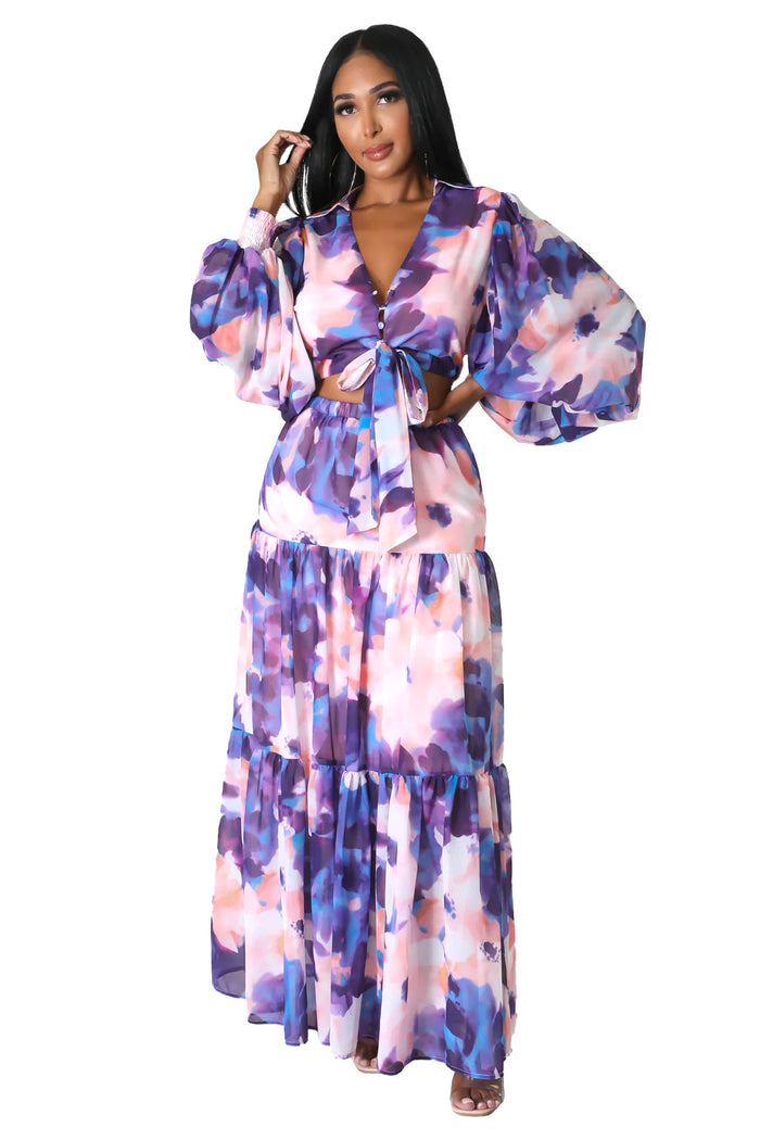 Two Piece Tie Dye Crop Top Maxi Skirt Set by The House of Stylez