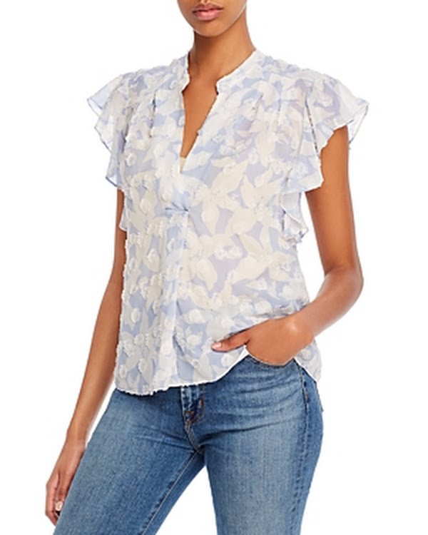 JOIE Silk Womens Light Blue Printed Flutter V Neck Top, Size XXS by Vanessa Jane
