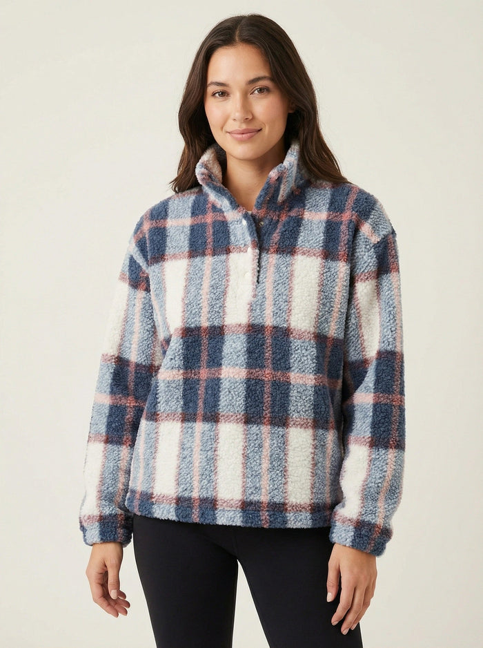 Berkley and Jensen Womens Quarter Zip Mockneck Sherpa Plaid Pullover by Vanessa Jane