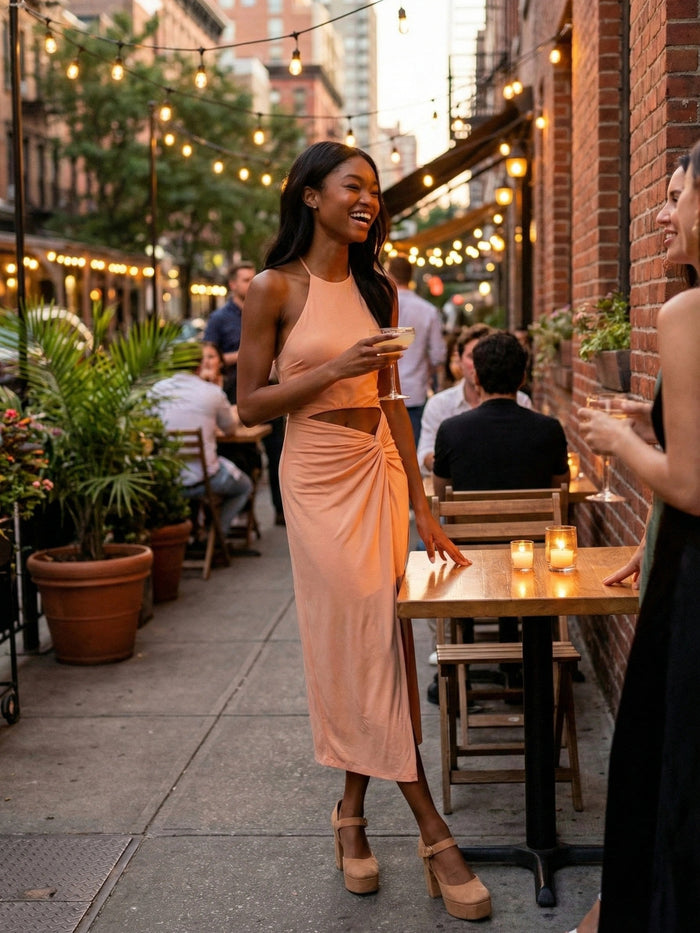 Lulus Top of the Trends Peach Twist-Front Cutout Halter Midi Dress, Size Large by Vanessa Jane