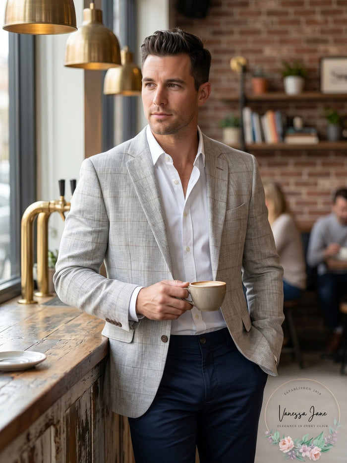Bar III Mens Slim-Fit Plaid Linen Suit Jacket by Vanessa Jane
