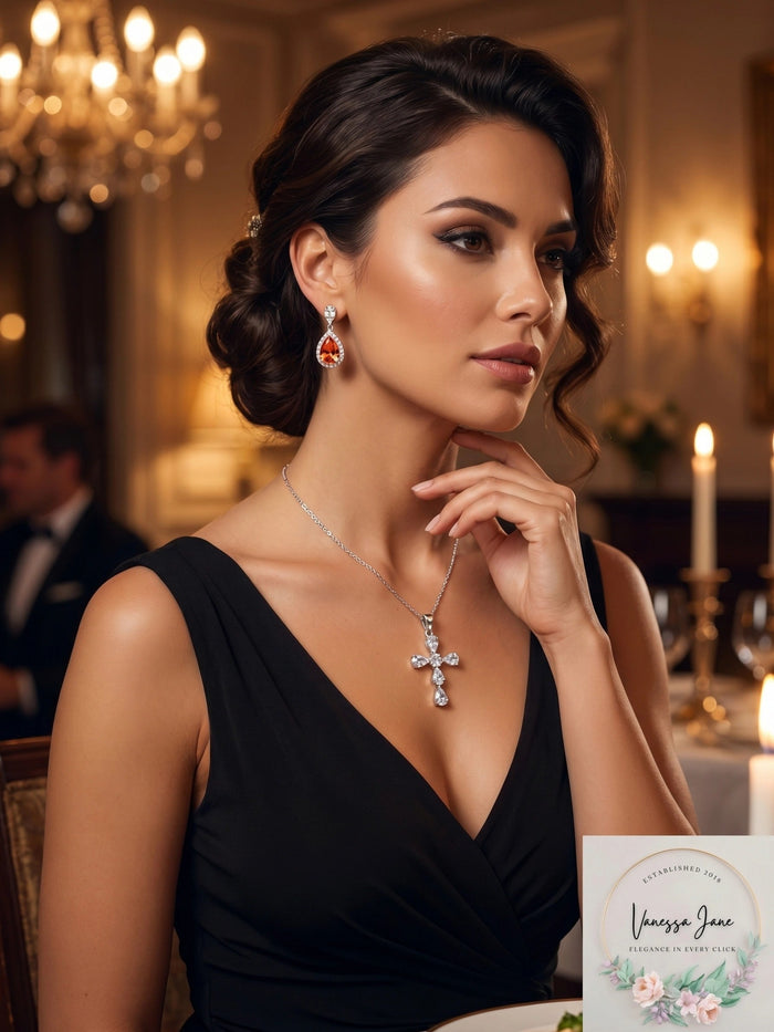Cubic Zirconia Cross Pendant Necklace and 3-PC. Stud Earrings Set by Vanessa Jane