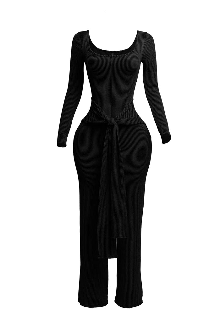 Ribbed Long Sleeve Jumpsuit with Front Tie by The House of Stylez