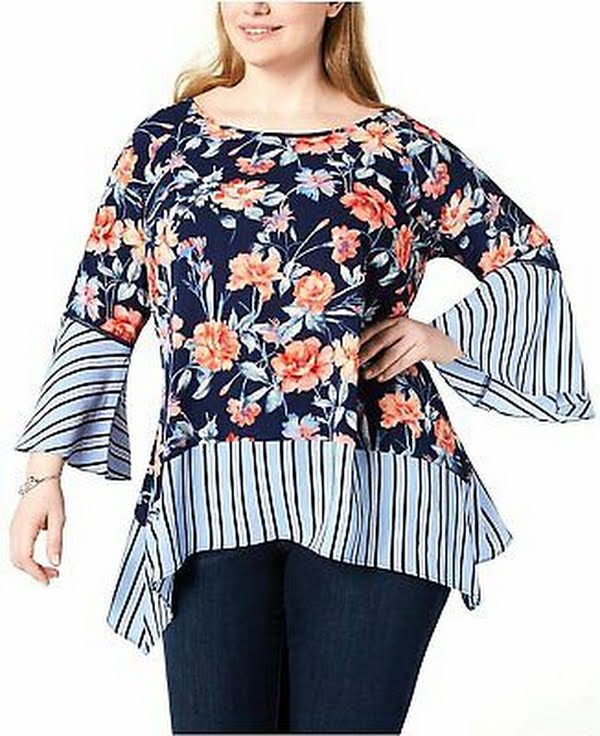 NY Collection Plus Size Mixed Print Bell-Sleeve Blouse Blue, Size 1X by Vanessa Jane