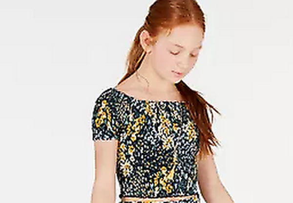 Beautees Big Girls Off-the-Shoulder Top Navy/Flowers, Size 16 by Vanessa Jane