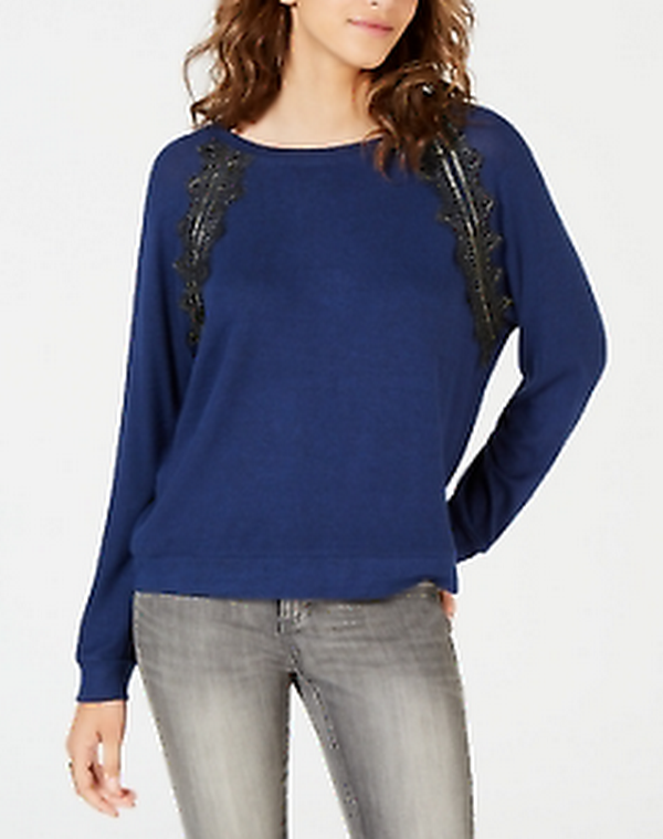 Ultra Flirt by Ikeddi Juniors Lace-Trimmed Pullover Sweater by Vanessa Jane