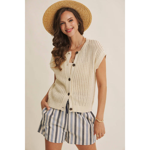 BREEZY NATURAL COTTON OPEN KNIT BUTTON-DOWN SWEATER VEST: NATURAL by Boutique 23
