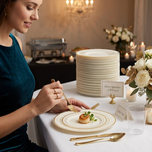 Silver Splendor 6 Inch Ivory Plastic Plate with Gold Band 150 CT by Vanessa Jane