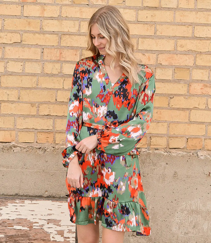 Abstract Ruffled Drawstring High Waist Mini Dress by Boutique 23