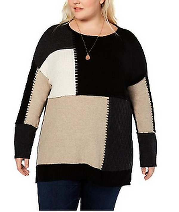 Style & Co. Womens Plus Patchwork Colorblock Tunic Sweater by Vanessa Jane