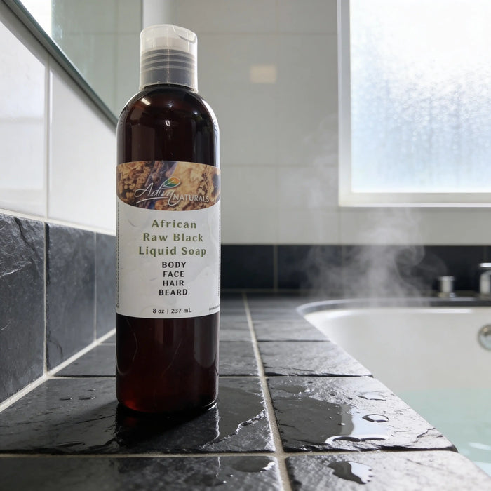 African Raw Black Liquid Soap: Deep Detox Cleanser (Face, Body & Hair) by Adiva Naturals
