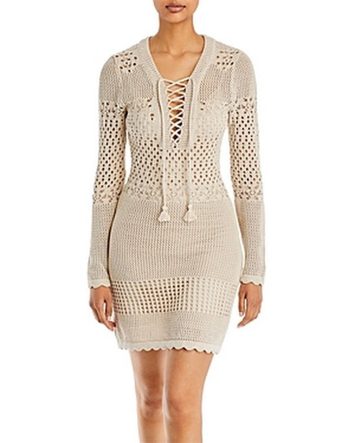 Aqua Crochet Lace up Mini Dress by Vanessa Jane