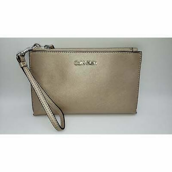 Calvin Klein Saffiano Leather Wristlet, Metallic Taupe/Silver by Vanessa Jane