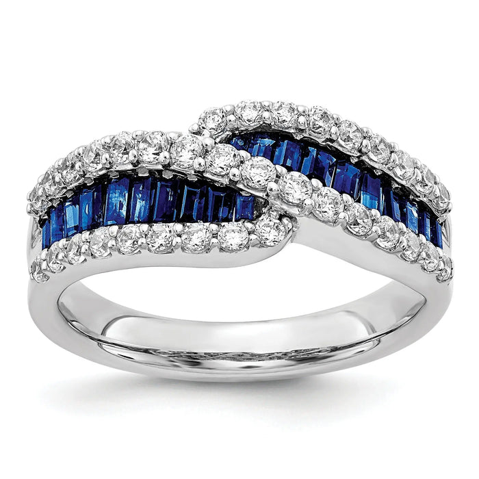 Baguette Blue Sapphire and Diamond Prong 14K White Gold Infinity Halo Ring by Fine Color Jewels