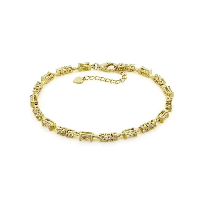 Baguette White Topaz Prong 14k Yellow Gold Plated Silver Link Bracelet by Fine Color Jewels