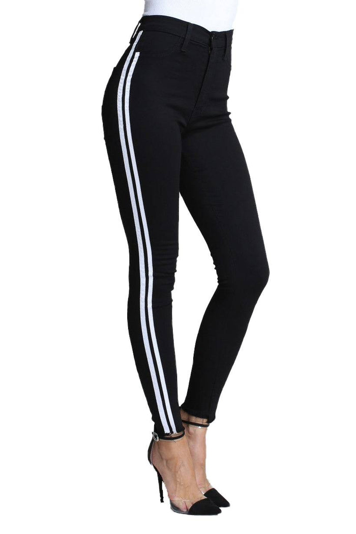 Black Denim with White Stripes Jeans {unfinished bottoms} by The House of Stylez