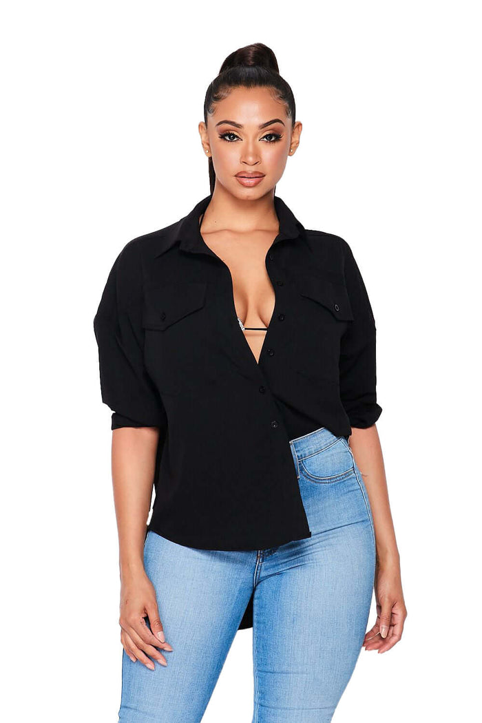 Hi Lo Bottom Up Shirt-Black by The House of Stylez
