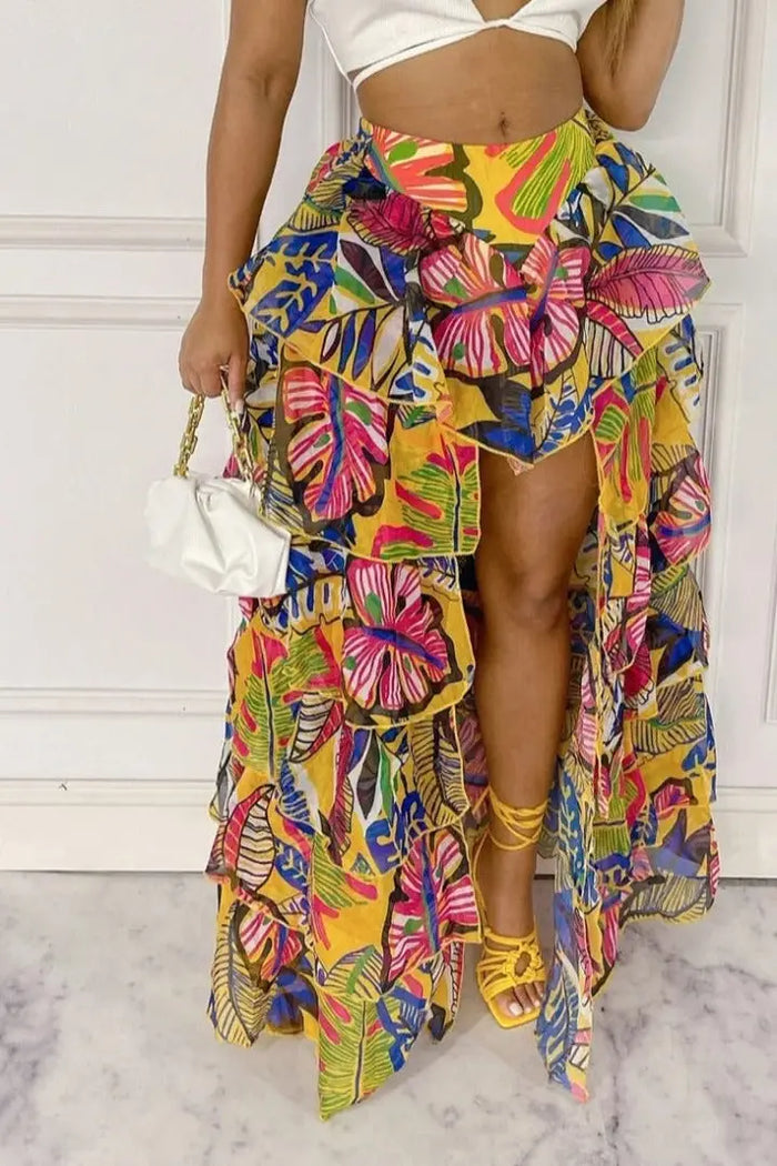 Blissful Views Printed Ruffled High Low Skirt by Fasheabe