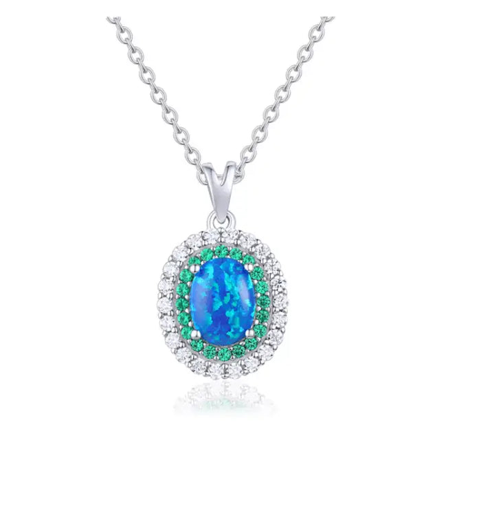 Blue Opal Oval Halo Necklace by Fine Color Jewels