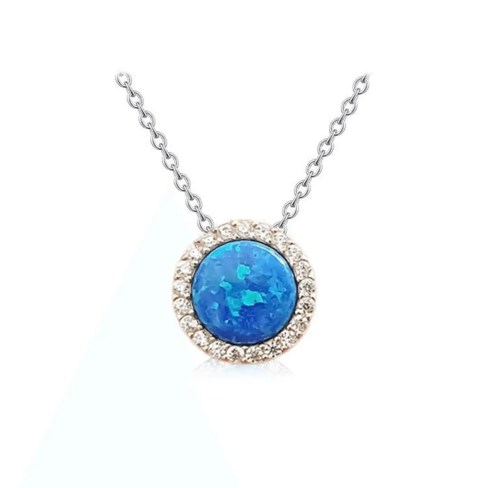Blue Opal Round Halo Necklace by Fine Color Jewels