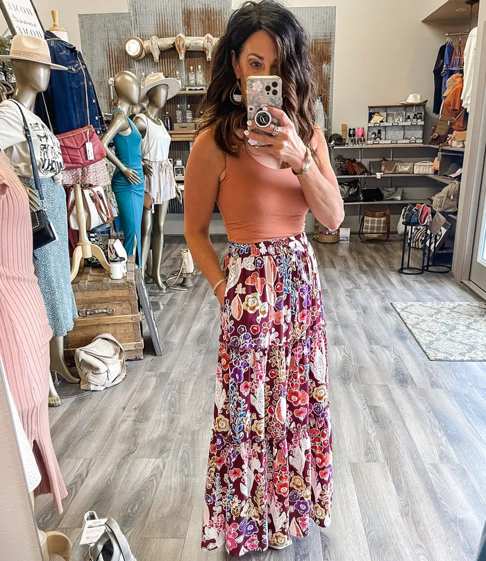 Boho Floral Print High Waist Maxi Skirt by Boutique 23