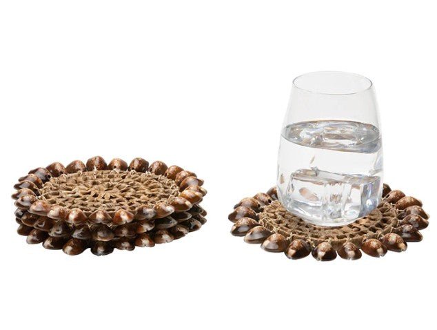 Bondi, Natural Cowrie Shell/Brown Pandan Leaf Round Coasters, Set Of 4 by Price Is Right Miami